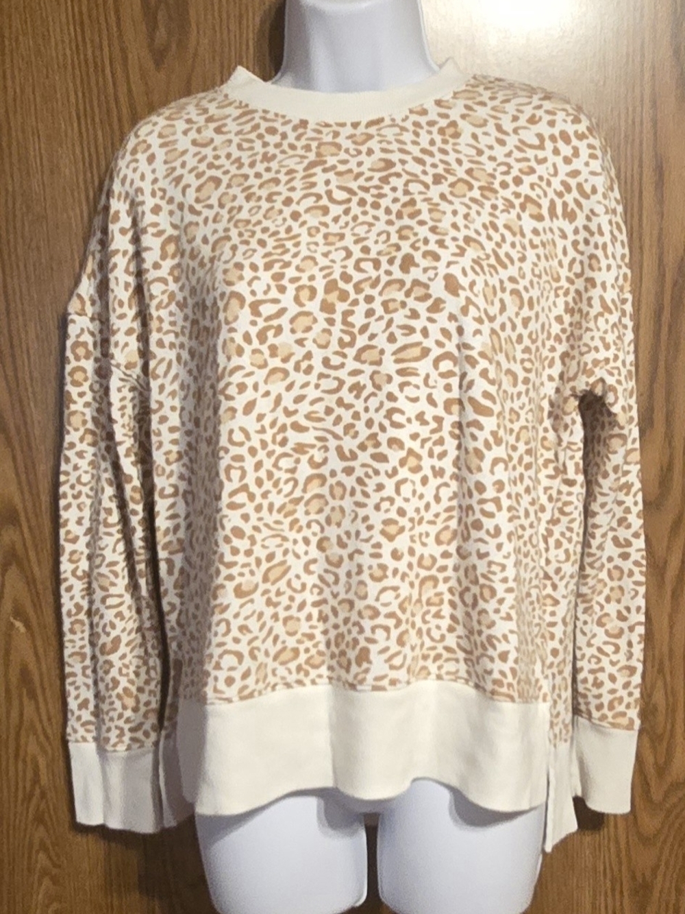 Time and Tru Cream and Tan Leopard Print Pullover Sweatshirt